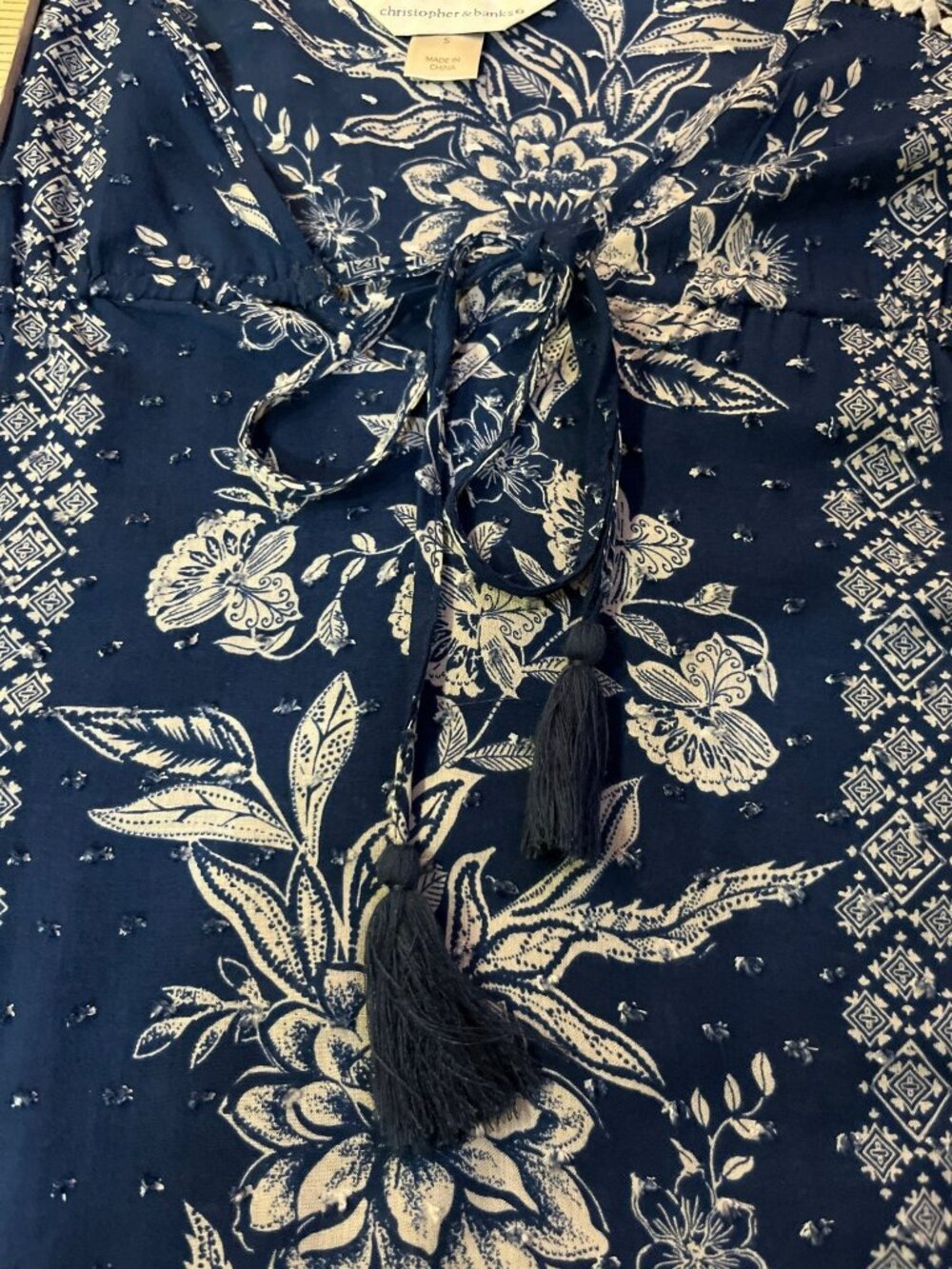 Christopher & Banks Blue Boho Blouse S Tassel Tie Rayon Used Lightweight - Picture 10 of 15